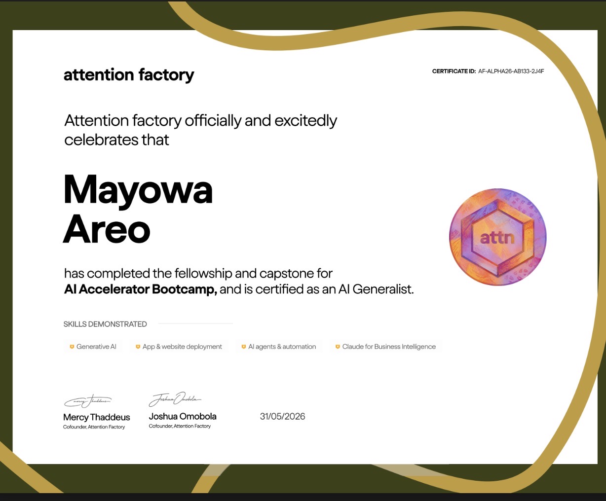 Mayowa Areo — AI Accelerator Bootcamp Certificate from Attention Factory